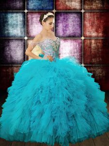 Fitting Aqua Blue Ball Gowns Tulle Off The Shoulder Sleeveless Beading and Ruffles and Sequins Floor Length Zipper Quinceanera Dress