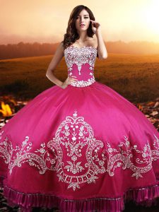 Comfortable Hot Pink Ball Gowns Sweetheart Sleeveless Taffeta Floor Length Lace Up Beading and Embroidery Quinceanera Gown
