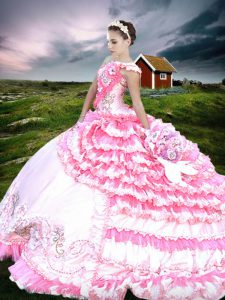 Pink And White One Shoulder Lace Up Beading and Embroidery and Ruffled Layers Quinceanera Gown Sleeveless