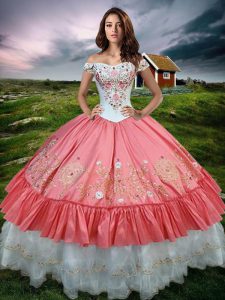 Off the Shoulder Watermelon Red Sleeveless Floor Length Embroidery and Ruffled Layers Lace Up Quinceanera Dresses