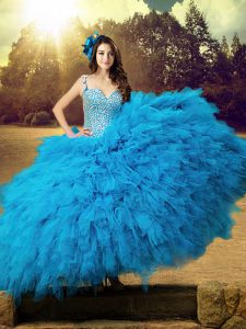 Simple Baby Blue Lace Up Straps Beading and Ruffles Sweet 16 Dresses Tulle Sleeveless