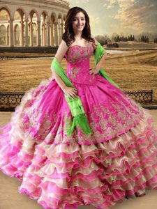 Beautiful Sleeveless Floor Length Beading and Embroidery and Ruffled Layers Lace Up Quinceanera Gown with Hot Pink