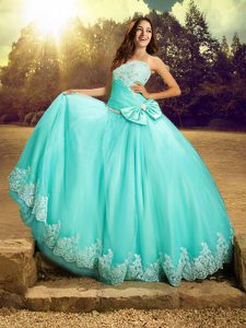 Flirting Apple Green Strapless Neckline Beading and Lace and Bowknot Quinceanera Gowns Sleeveless Lace Up