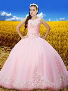 Tulle Scoop Sleeveless Lace Up Beading and Lace and Embroidery Ball Gown Prom Dress in Baby Pink