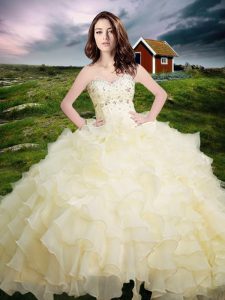 Extravagant Light Yellow Lace Up Quinceanera Dresses Beading and Ruffled Layers Sleeveless Floor Length