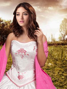 Fashionable White 15th Birthday Dress Military Ball and Sweet 16 and Quinceanera and For with Embroidery and Bowknot Strapless Sleeveless Lace Up