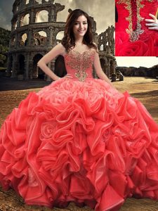 Fashion Red Fabric With Rolling Flowers Lace Up Vestidos de Quinceanera Sleeveless Floor Length Beading