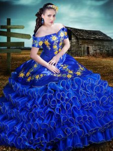 Ruffled Floor Length Royal Blue Sweet 16 Quinceanera Dress Off The Shoulder Short Sleeves Lace Up