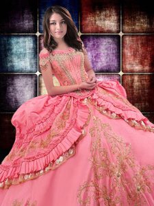 Luxurious Off The Shoulder Sleeveless Vestidos de Quinceanera Floor Length Beading and Embroidery and Ruffled Layers Watermelon Red Taffeta