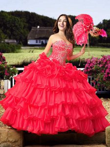 Coral Red Organza Lace Up Sweet 16 Dress Sleeveless Floor Length Beading and Ruffled Layers
