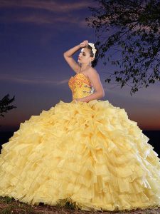 Custom Designed Organza Sweetheart Sleeveless Lace Up Beading and Ruffled Layers Ball Gown Prom Dress in Gold