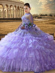 Customized Lavender Ball Gowns High-neck Long Sleeves Tulle Floor Length Lace Up Beading and Embroidery and Ruffled Layers Quinceanera Gowns