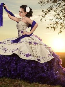 Unique With Train Lace Up 15 Quinceanera Dress White And Purple for Military Ball and Sweet 16 and Quinceanera with Embroidery and Ruffles Brush Train