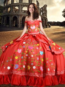 Stunning Off the Shoulder Red Ball Gowns Embroidery and Bowknot Quinceanera Gowns Lace Up Taffeta Sleeveless Floor Length