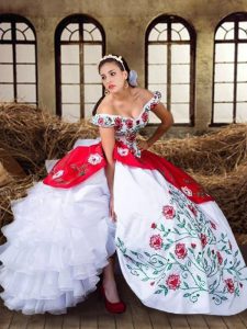 Custom Designed Off the Shoulder White and Red Lace Up Quince Ball Gowns Embroidery and Ruffled Layers Cap Sleeves Floor Length