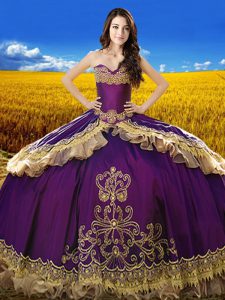 Super Taffeta Sweetheart Sleeveless Lace Up Beading and Embroidery Quince Ball Gowns in Purple