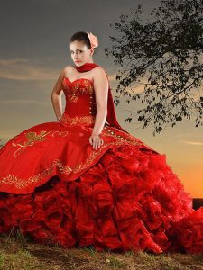 Edgy Sleeveless Brush Train Lace Up With Train Embroidery and Ruffles Sweet 16 Quinceanera Dress