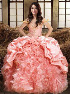 Pink Ball Gowns Off The Shoulder Sleeveless Organza and Taffeta Floor Length Lace Up Beading and Ruffles and Pick Ups 15th Birthday Dress