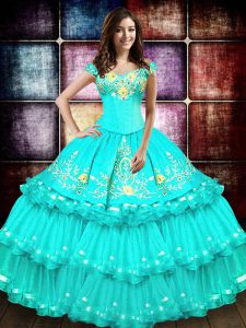 Customized Turquoise Off The Shoulder Neckline Embroidery and Ruffled Layers Sweet 16 Dresses Sleeveless Lace Up