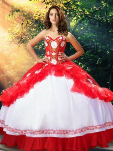 White And Red Sleeveless Floor Length Embroidery and Ruffles Lace Up Quinceanera Gowns