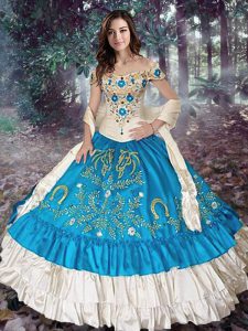 Off the Shoulder Cap Sleeves Lace Up Embroidery and Ruffled Layers Quinceanera Dress