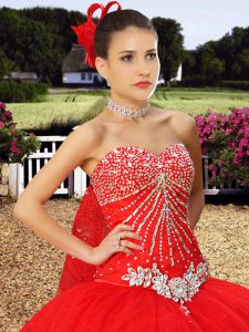 Eye-catching Red Tulle Lace Up Sweetheart Sleeveless With Train Sweet 16 Dress Watteau Train Beading and Lace