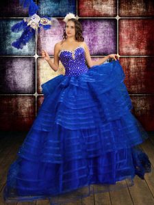 Hot Sale Ruffled Royal Blue Sleeveless Organza Lace Up Vestidos de Quinceanera for Military Ball and Sweet 16 and Quinceanera