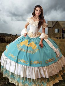 Trendy Off the Shoulder Short Sleeves Lace Up Floor Length Lace and Embroidery and Ruffled Layers Sweet 16 Dress