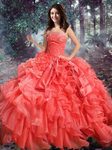 Flare Coral Red Ball Gowns Beading and Ruffles Quinceanera Dresses Lace Up Organza Sleeveless Floor Length