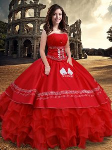 Popular Ruffled Red Sleeveless Organza and Taffeta Lace Up Quinceanera Gown for Military Ball and Sweet 16 and Quinceanera