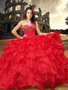 Organza Sweetheart Sleeveless Lace Up Beading and Ruffles Quinceanera Gown in Red