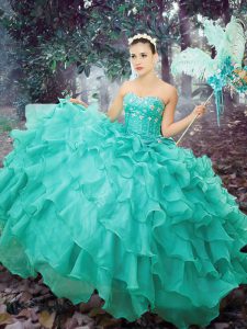 Top Selling Sleeveless Floor Length Beading and Ruffled Layers Lace Up Quinceanera Dress with Turquoise