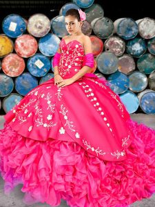 With Train Hot Pink Quinceanera Dress Sweetheart Sleeveless Brush Train Lace Up
