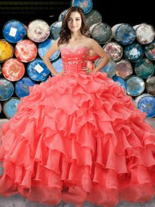 Floor Length Lace Up Quince Ball Gowns Coral Red for Military Ball and Sweet 16 and Quinceanera with Beading and Ruffles