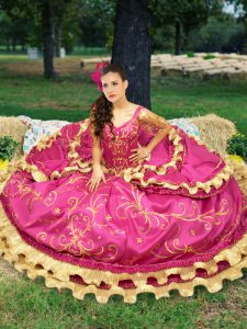 Hot Sale Off the Shoulder Beading and Embroidery Quinceanera Dresses Fuchsia Lace Up Sleeveless Floor Length
