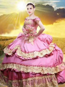 Artistic Off The Shoulder Sleeveless Ball Gown Prom Dress Floor Length Lace and Appliques and Pick Ups Rose Pink Taffeta