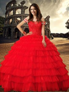 Vintage Off the Shoulder Sleeveless With Train Beading and Ruffled Layers Lace Up Quinceanera Dresses with Red Chapel Train