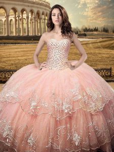 Ball Gowns Vestidos de Quinceanera Peach Sweetheart Tulle Sleeveless Floor Length Lace Up