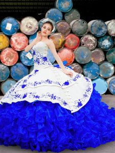 Sweetheart Sleeveless Ball Gown Prom Dress With Brush Train Embroidery and Ruffles White and Blue Organza and Taffeta