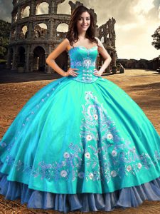 Attractive Aqua Blue Lace Up Sweetheart Embroidery Ball Gown Prom Dress Taffeta Sleeveless