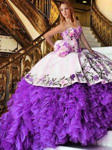 Perfect Sweetheart Sleeveless Lace Up Vestidos de Quinceanera White And Purple Organza