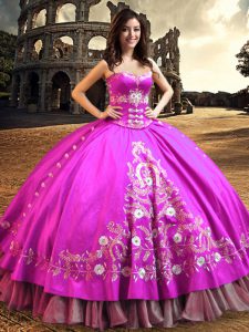 Fuchsia Quinceanera Gown Military Ball and Sweet 16 and Quinceanera and For with Embroidery Sweetheart Sleeveless Lace Up