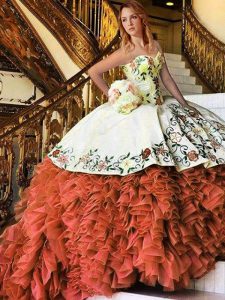Rust Red Ball Gowns Appliques and Embroidery and Ruffles Ball Gown Prom Dress Lace Up Organza Sleeveless Floor Length