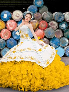 Colorful Yellow And White Sleeveless Organza Lace Up Quinceanera Gown for Military Ball and Sweet 16 and Quinceanera