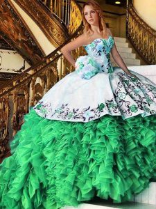Eye-catching Ball Gowns Appliques and Embroidery and Ruffles Quinceanera Dress Lace Up Organza Sleeveless Floor Length