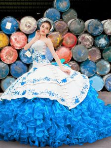 Blue And White Lace Up Halter Top Appliques and Embroidery and Ruffles Quinceanera Gowns Organza Sleeveless