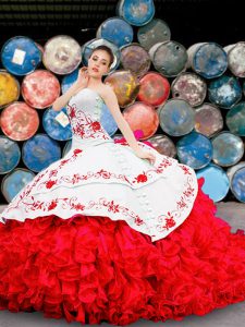 White And Red Lace Up Sweetheart Appliques and Embroidery and Ruffles Ball Gown Prom Dress Organza Sleeveless