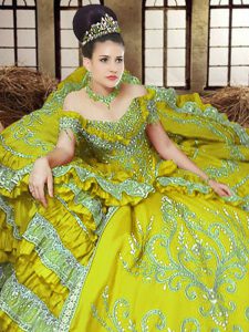 Free and Easy Floor Length Light Yellow Quince Ball Gowns Off The Shoulder Sleeveless Lace Up
