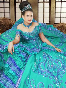 Turquoise Satin Lace Up Off The Shoulder Sleeveless Floor Length Sweet 16 Dresses Embroidery