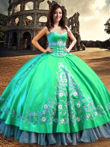 Stylish Ball Gowns Quince Ball Gowns Turquoise Off The Shoulder Satin Sleeveless Floor Length Lace Up